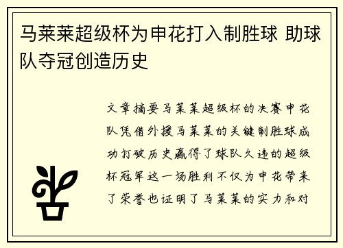 马莱莱超级杯为申花打入制胜球 助球队夺冠创造历史